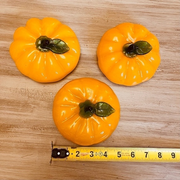 3 Orange 2” x 5” Art Glass Pumpkins Autumn Fall Decor Thanksgiving Paperweight - Picture 4 of 6